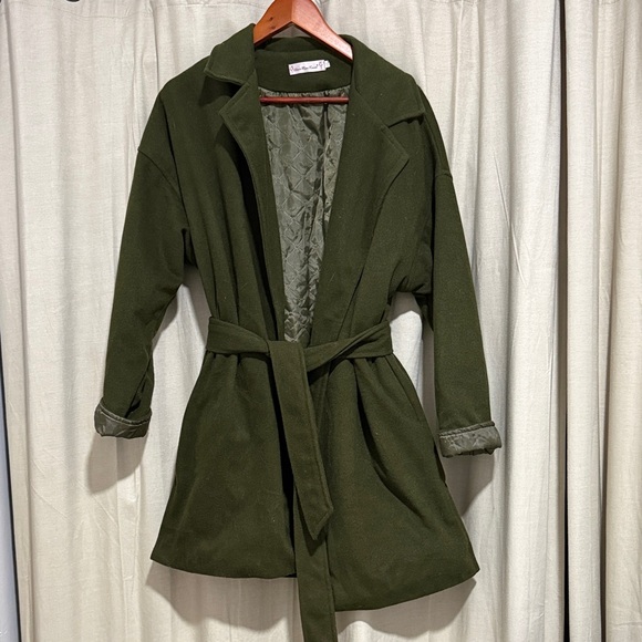 Women's Olive Green Pea Coat with Quilted Lining - Picture 2 of 3